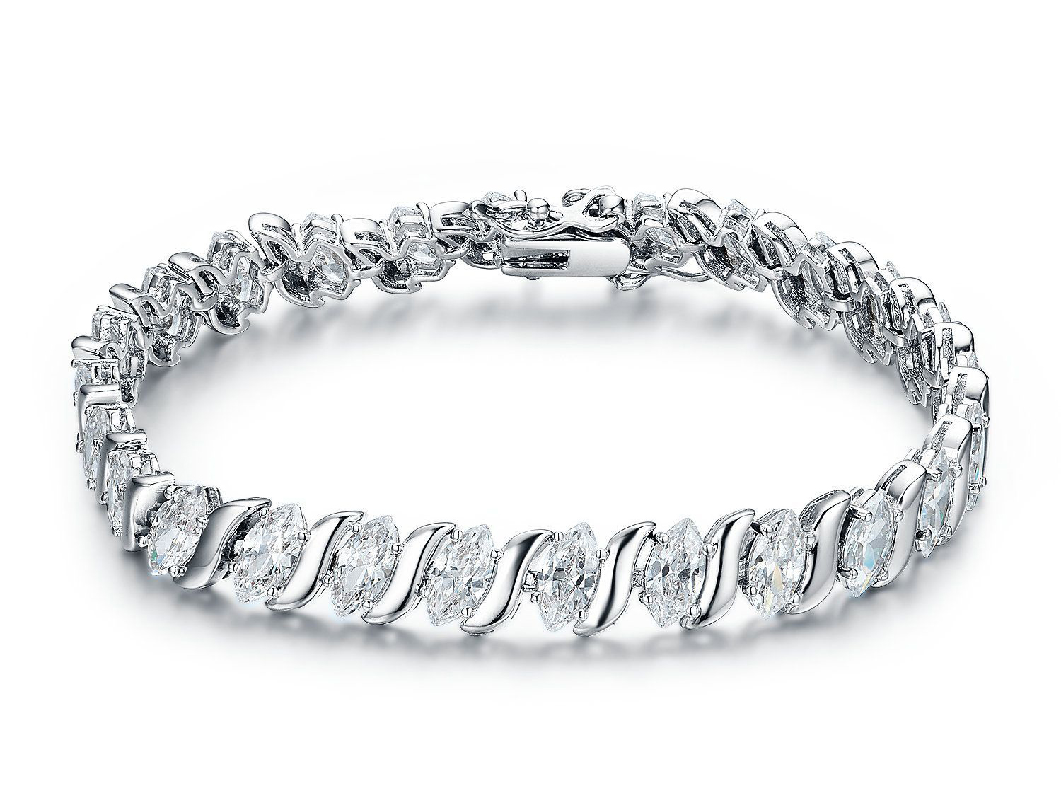 Rhodium plated Cubic Zirconia Marquise Tennis Bracelet