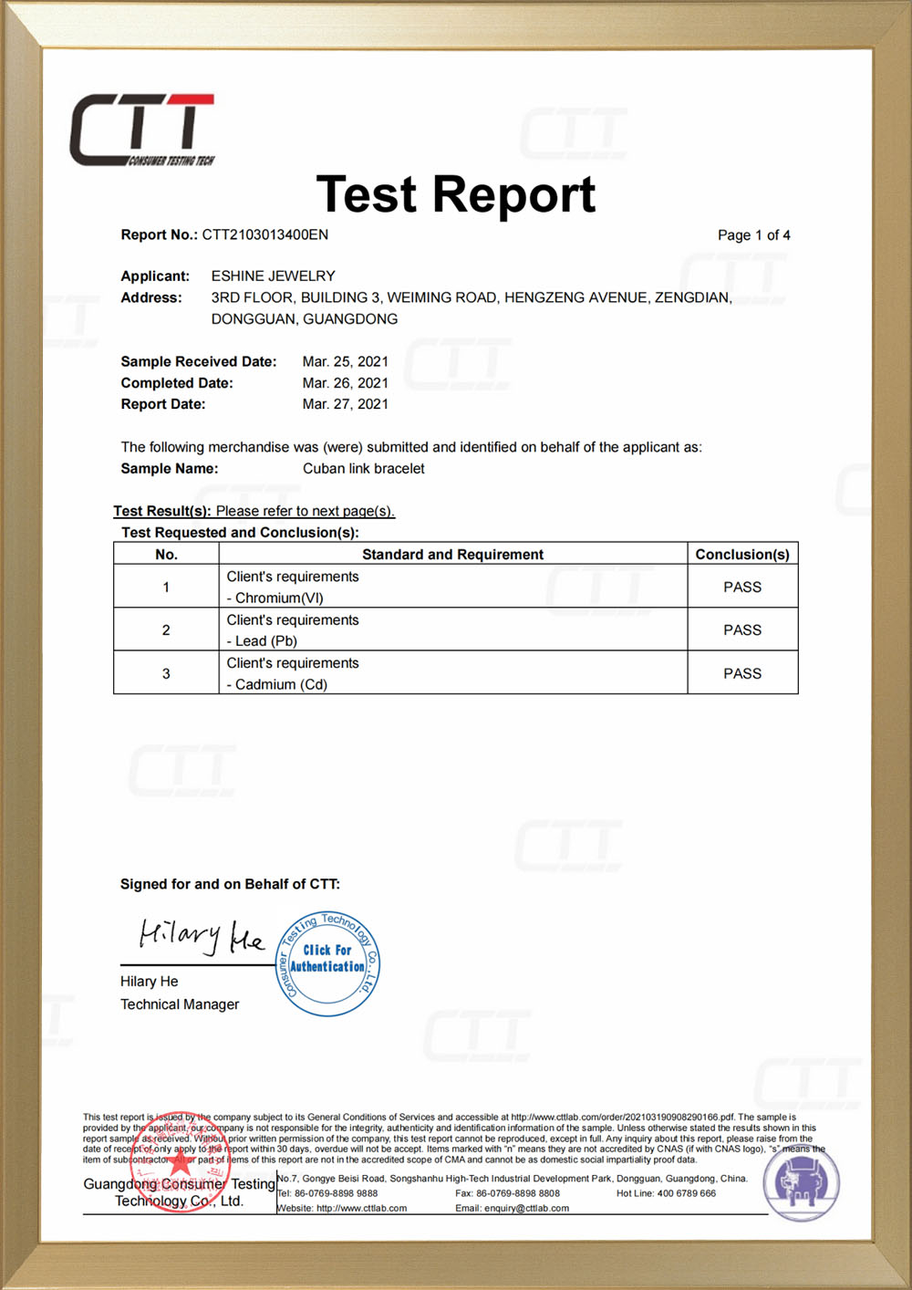 CTT Izvješće o ispitivanju bez olova