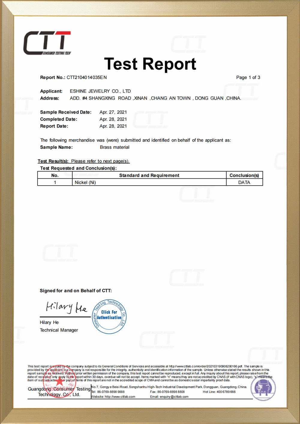 CTT Nickel free test report