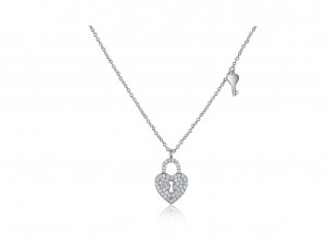 Key and Heart Lock CZ Pendant Necklace in Sterling Silver