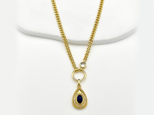 14K Gold plated Pear Teardrop Design Lapis lazuli & CZ Pendant Necklace for Women