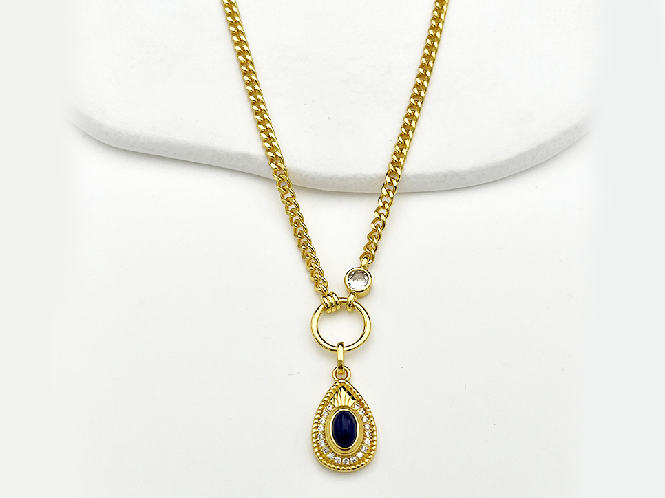 14K Gold plated Pear Teardrop Design Lapis lazuli & CZ Pendant Necklace for Women