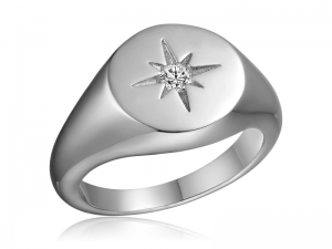 Heart Signet Round Cut Moissanite Starburst Sterling Silver Ring for Women