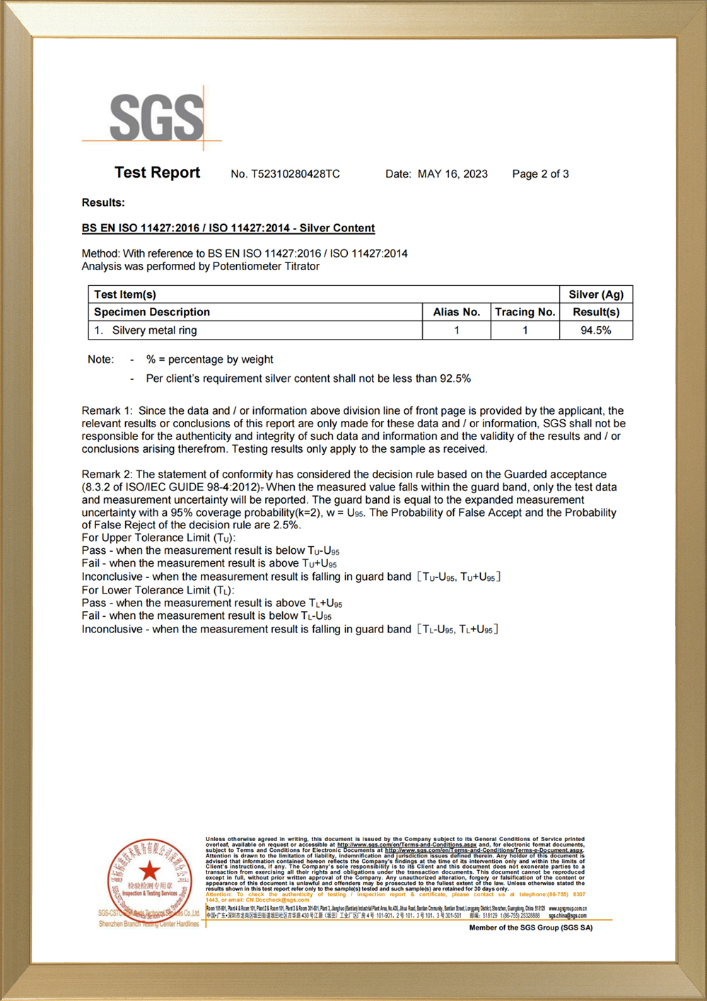 Conteúdo de prata 925 certificado pela SGS