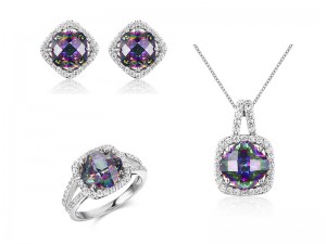 Ntọala ọla ọla ọcha Sterling, Square Mystic Topaz olu, ọla ntị na ntọala mgbanaka