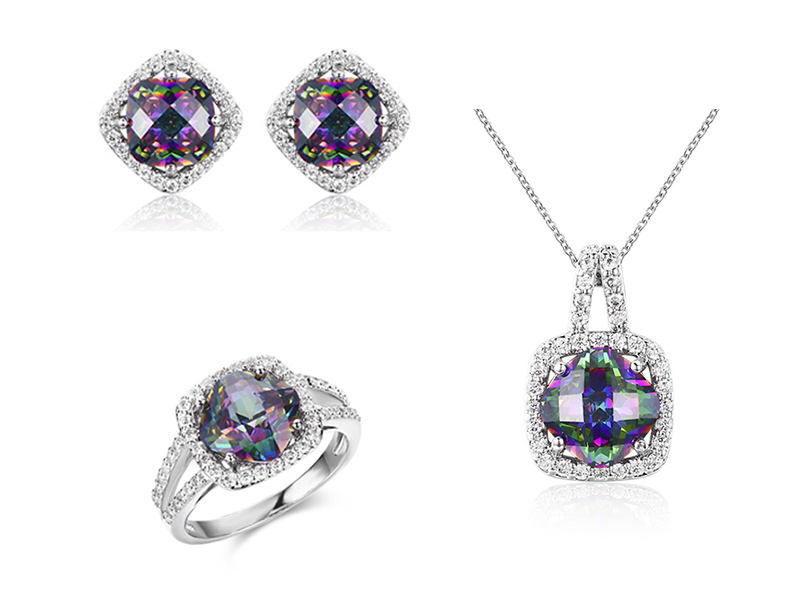 Sterling Silver Jewelry Set, Square Mystic Topaz Necklace, Earrings and Ring Set