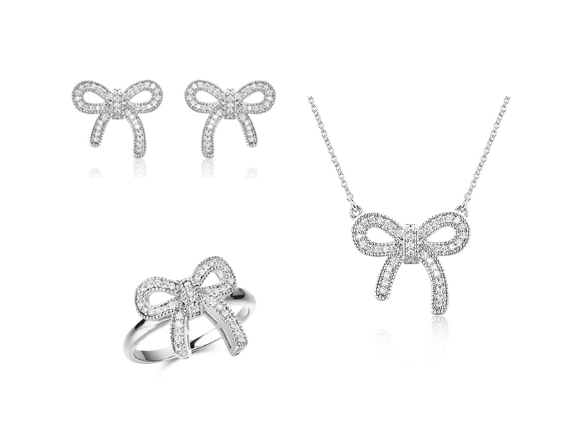 Sløjfe-knyttet bånd Cubic Zirconia vedhæng & kæde halskæde, øreringe, ring smykker sæt i 925 sterling sølv