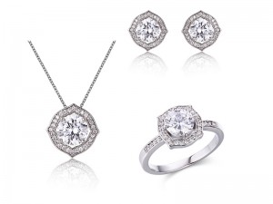Sterling Silver With Moissanite Round Halo Vintage Style Pendant Necklace,Earring,Ring Jewelry set