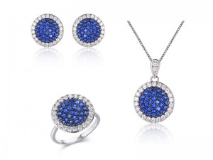 Micro Pave Round Blue Saphir CZ Pendant Halskette, Ouerréng, Ring Bijouen Set a Sterling Sëlwer fir Fraen