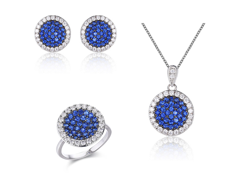 Micro Pave Yika Blue oniyebiye CZ Pendanti ẹgba, Akọti, Ohun ọṣọ oruka ṣeto ni Sterling Silver fun Awọn Obirin