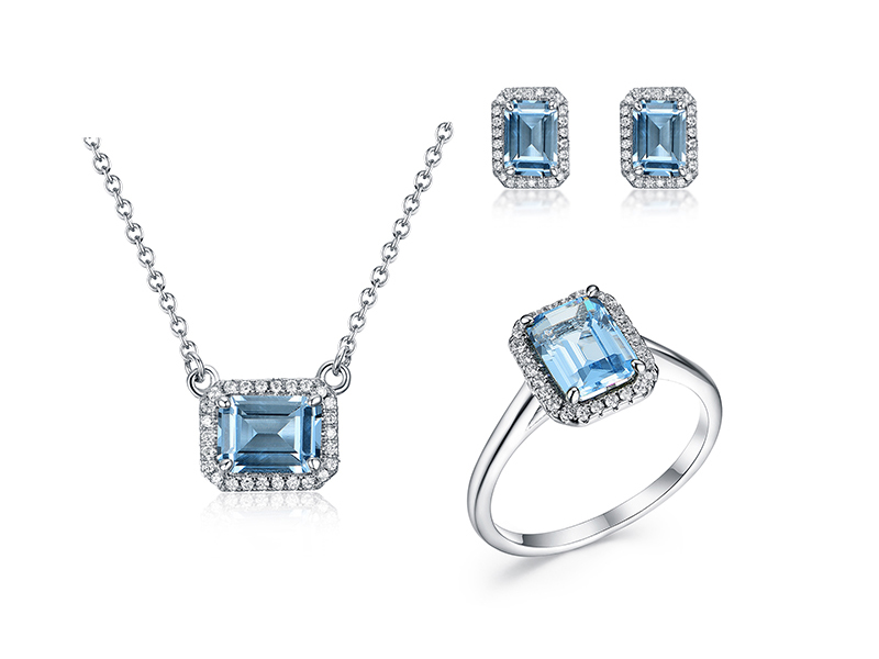 Emerald cut Aquamarine Stud Earrings, Necklace,Ring set in Sterling Silver for Women Girls