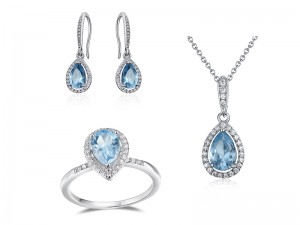 Silver Sterling Silver Rhodium-plated Pear shape E entsoe Aquamarine le Cubic Zirconia Necklace, Earring, Ring jewelry Sete for Women.