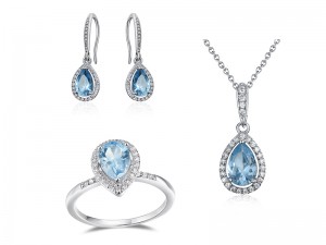 ເງິນ Sterling Silver Rhodium-plated Pear shape Created Aquamarine and Cubic Zirconia Necklace, Earring, Ring Jewelry Set for Women