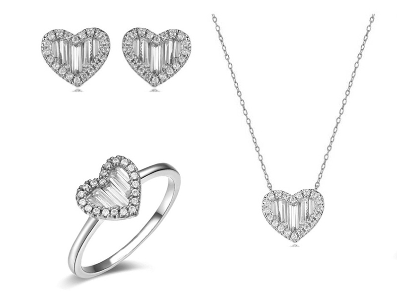 925 Sterling Silver Round & Baguette CZ Diamond Heart Pendant Necklace,Ring, Earring Set for Girls