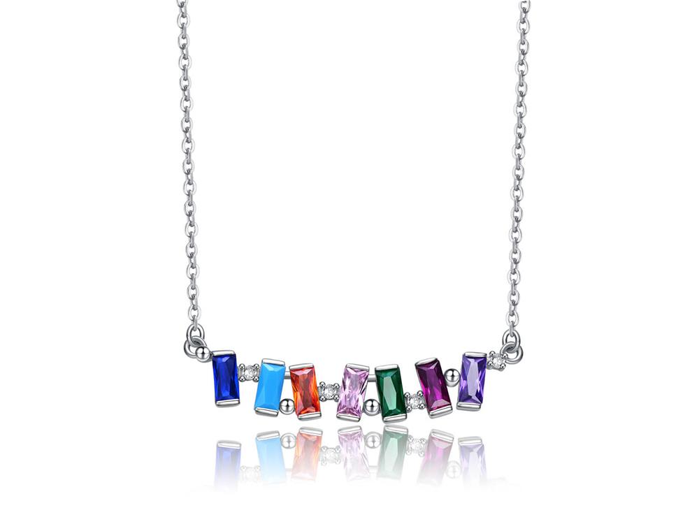 Sterling Silver Multicolored Rainbow CZ  Baguette Short Bar Necklace 16-18″