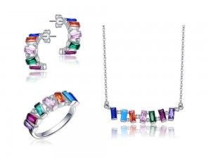 Sterling Silver Multicolored Rainbow CZ  Baguette Short Bar Necklace 16-18″