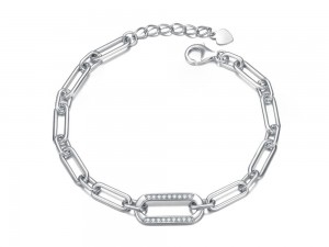 Paperclip Chain Bracelet with CZ Pave Link in Sterling Silver for Women