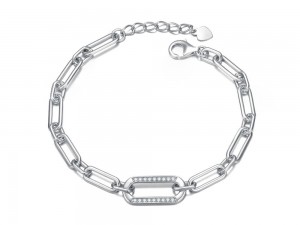 Bracelet chaîne trombone avec maillon pavé CZ en argent sterling pour femme