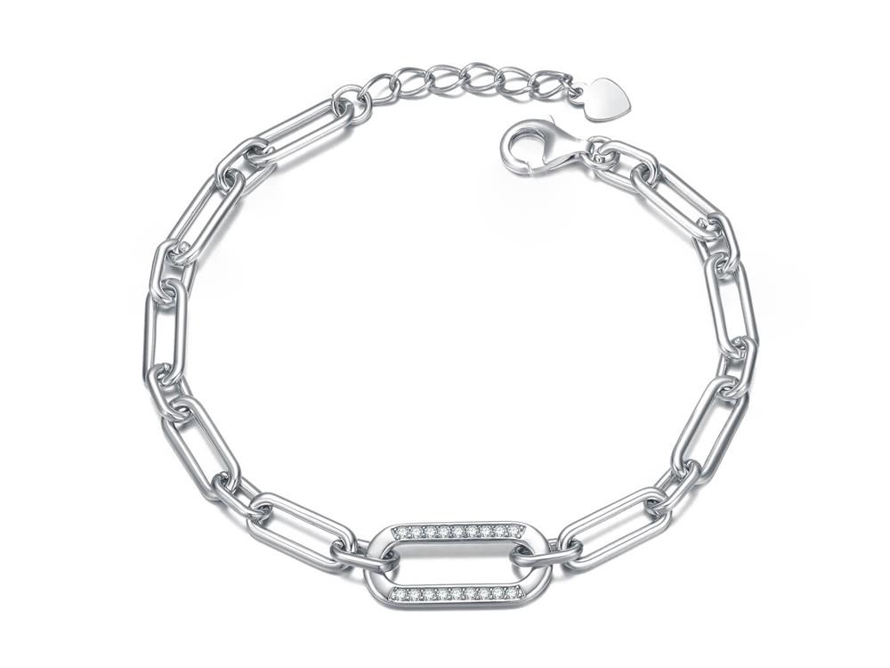 Paperclip Chain Bracelet with CZ Pave Link in Sterling Silver for Women