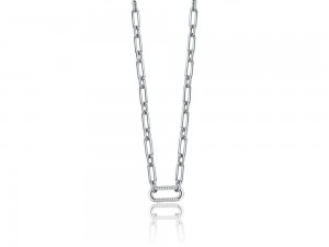 Paperclip Link Chain Necklace with CZ Pave Link in Sterling Silver for Women