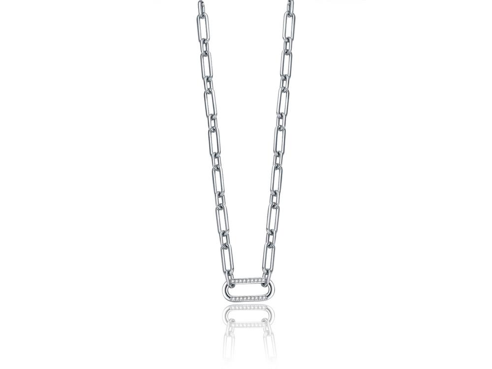 Paperclip Link Chain Necklace with CZ Pave Link in Sterling Silver for Women