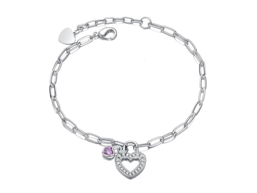 Cubic Zirconia Open Heart Lock & Paperclip Chain Bracelet For Women