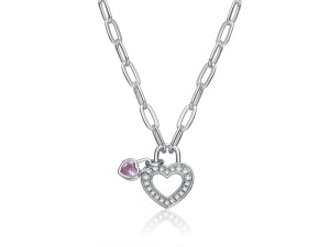 Cubic Zirconia Heart Lock & Paperclip Chain Necklace For Girls