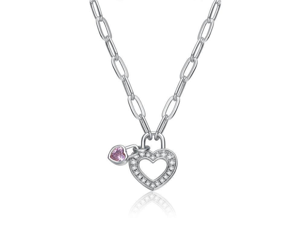 Cubic Zirconia Heart Lock & Paperclip Chain Necklace For Girls