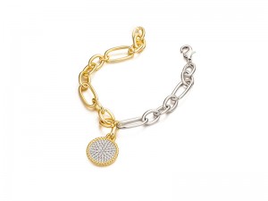 Zweifarbig poliertes Charm-Armband mit Fancy-Gliedern und Scheiben