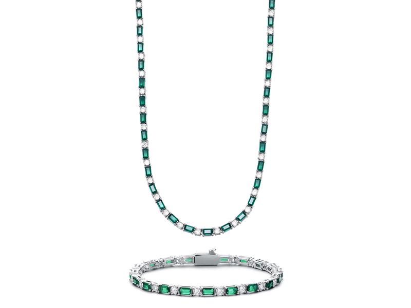 Green Emerald & White Cubic Zirconia Tennis Bracelet & Necklace Set