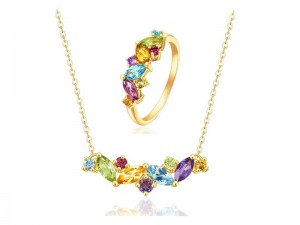 Mehrfarbiges Regenbogen-Halbedelstein-Halsketten- und Ring-Schmuckset aus Sterlingsilber