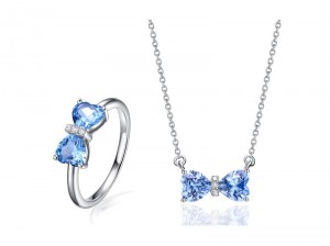 Blue Topaz Heart Bow Silver Ring & Pendant Necklace Jewelry set